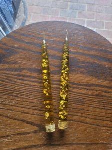 2 Vintage Mid Century Acrylic Lucite Gold Fleck Yelliw Candle Sticks MCM 8"